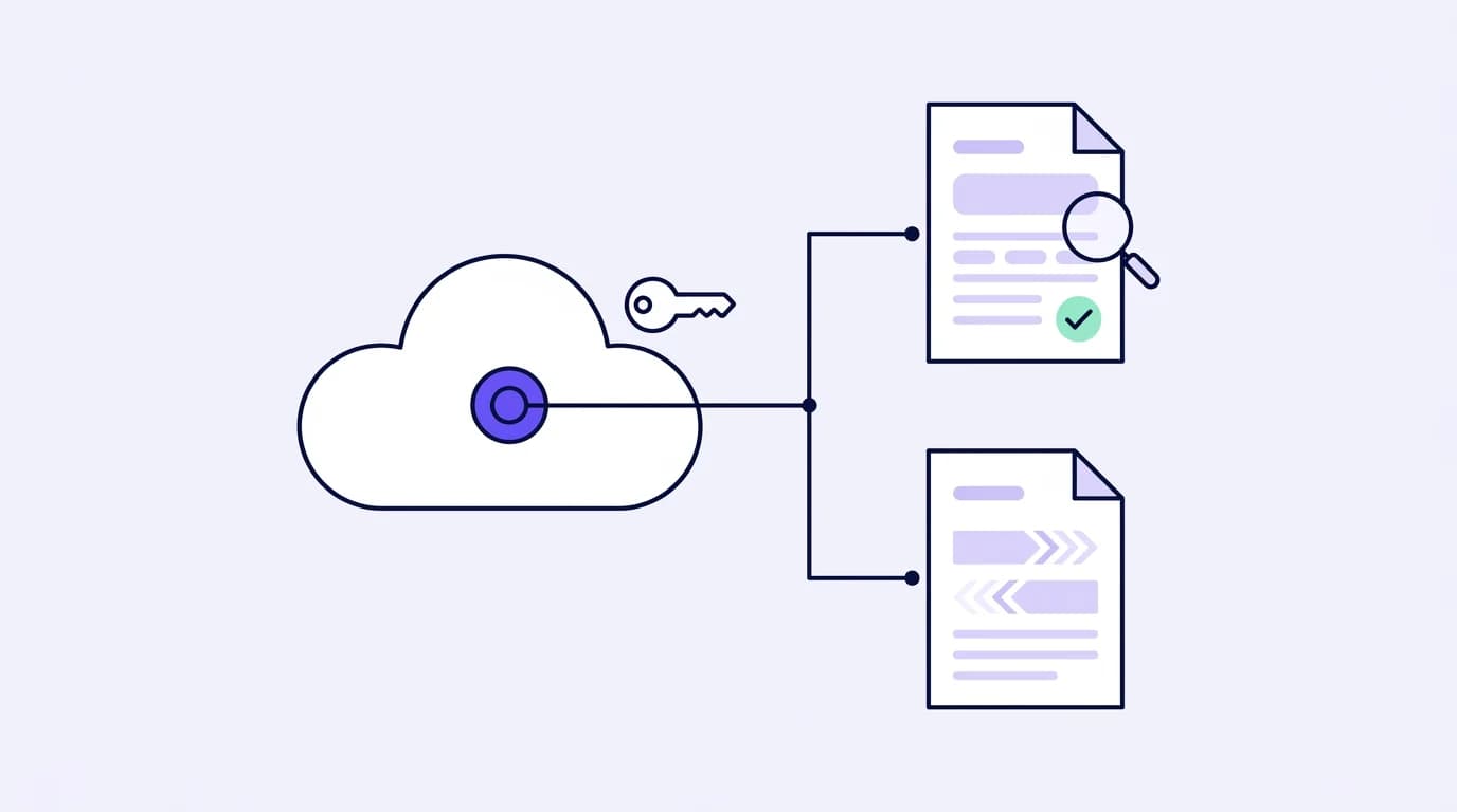 Illustration of protected cloud access to SEO evidence and a mission handoff