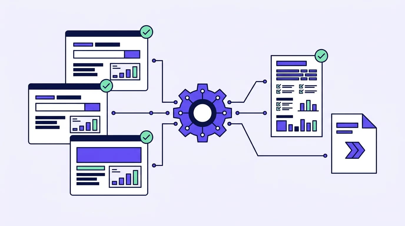 Illustration of website evidence connected to an SEO report and a mission handoff